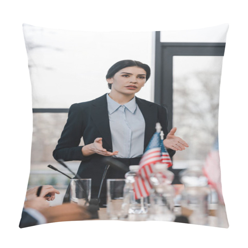 Personality  Selective Focus Of Attractive Speaker Talking Near Multicultural Diplomats  Pillow Covers