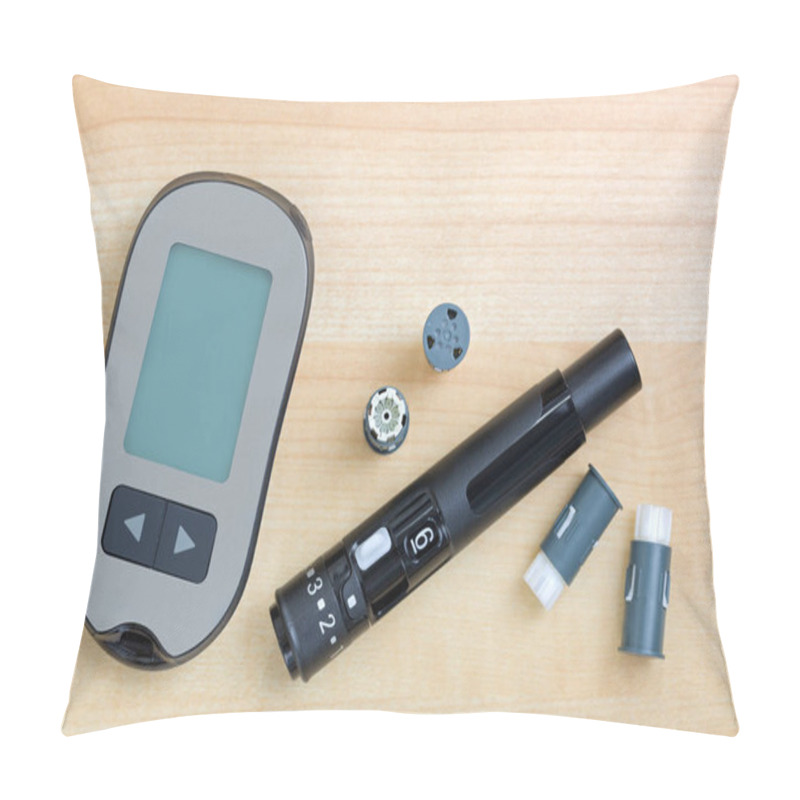 Personality  Blood Glucose Meter With Finger Pricker, Lancing Pen Device Kit With Drum And Preloaded Lancets For Convenience To Check Blood Glucose On Wooden Background Pillow Covers