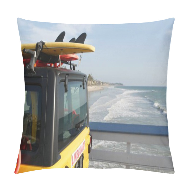 Personality  Yellow Lifeguard Car, Ocean Beach California USA. Rescue Pick Up Truck, Lifesavers Vehicle. Pillow Covers