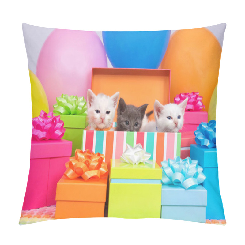 Personality  Two Small White Kittens And One Gray Kitten Peaking Out Of A Birthday Present Box, Surrounded By Bright Colorful Party Balloons And Presents With Bows. Pillow Covers