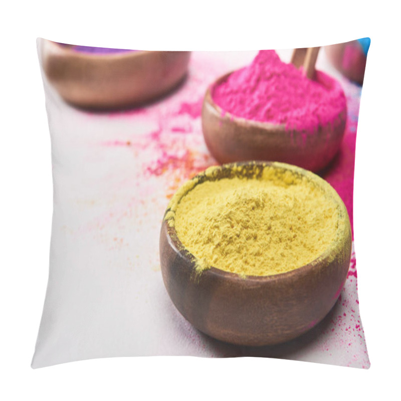 Personality  Selective Focus Of Wooden Bowls With Yellow, Pink, Blue And Purple Holi Powder On White Background Pillow Covers