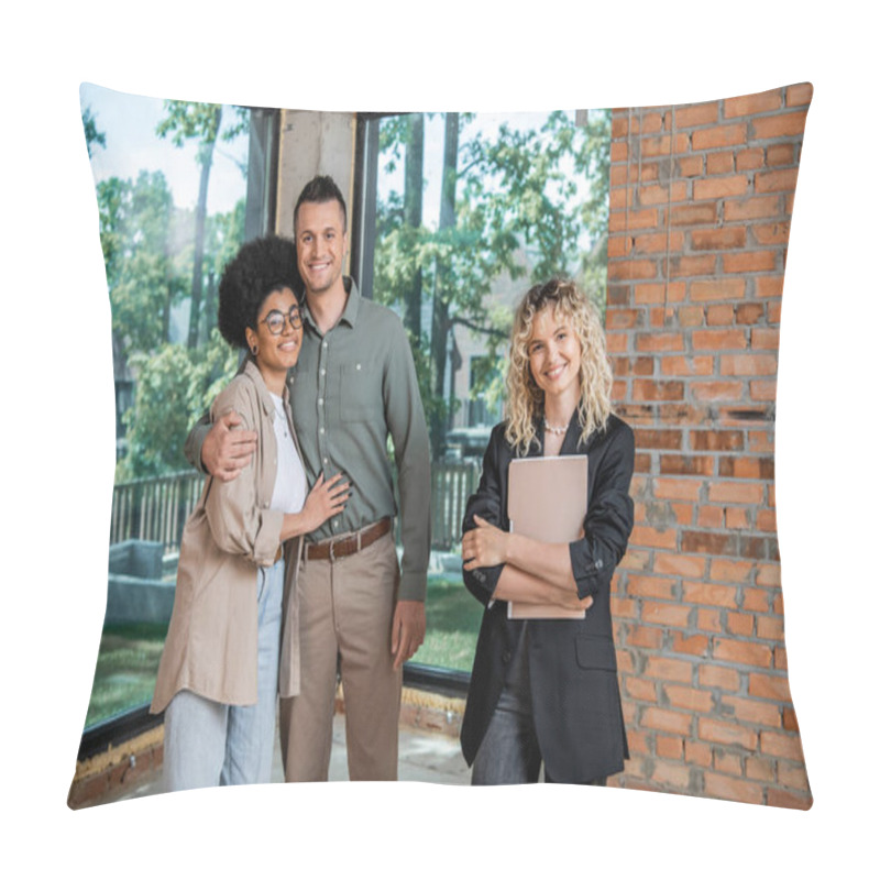 Personality  Successful Realtor With Folder And Cheerful Multiethnic Couple Looking At Camera In New Cottage Pillow Covers