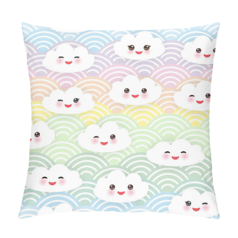 Personality  Kawaii Funny White Clouds Set, Muzzle With Pink Cheeks And Winking Eyes. Seamless Pattern On Blue Mint Orange Pink Lilac Japanese Wave Background. Vector Illustration Pillow Covers