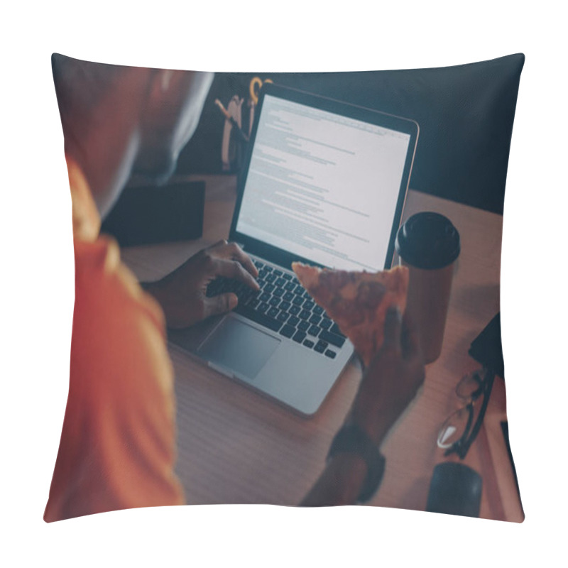 Personality  Cropped View Of Young African American Programmer Eating Pizza While Working At Night In Office Pillow Covers