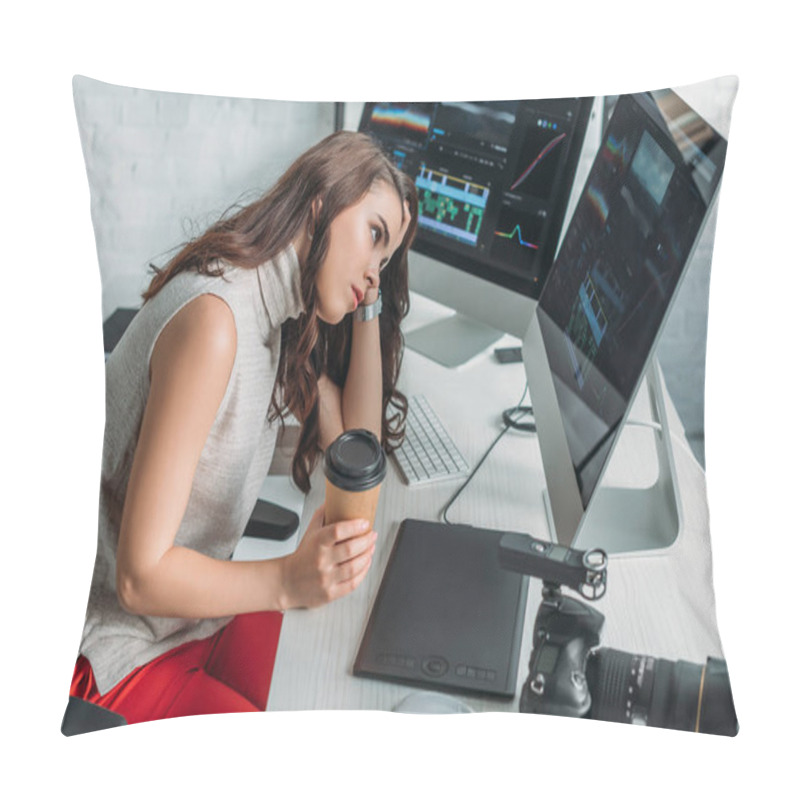 Personality  Displeased Art Editor Holding Paper Cup And Looking At Computer Monitor  Pillow Covers