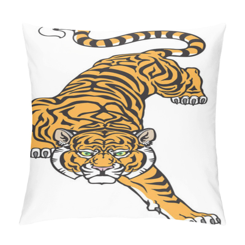 Personality  Tiger Climbing Down And Big Cat Eyes Looking Straight. Isolated Front View Image. Tattoo Style Vector Illustration Pillow Covers