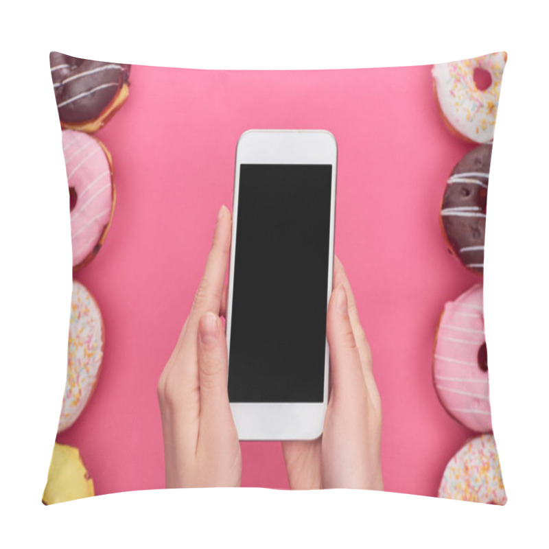 Personality  Partial View Of Woman Holding Smartphone With Blank Screen Near Tasty Glazed Doughnuts On Bright Pink Background Pillow Covers