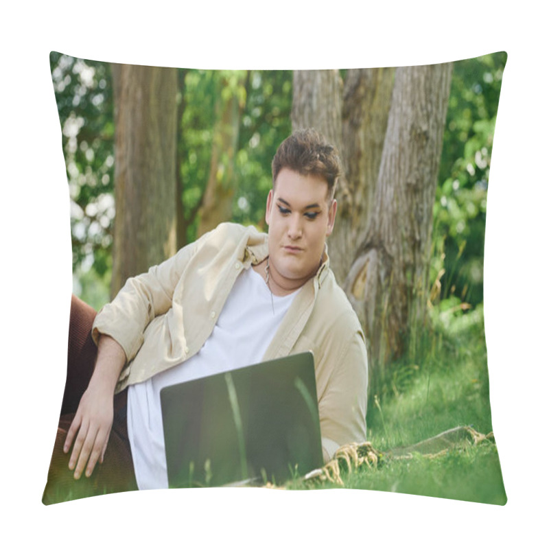 Personality  A Queer Person Relaxes In A Lush Green Setting While Using A Laptop, Embracing Natures Tranquility. Pillow Covers