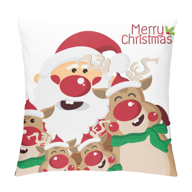 Personality  Happy Santa Claus And Reindeer Family Cartoon Characters For Christmas Greeting,Happy New Year Concept,design For Card And Poster,Vector Illustration. Pillow Covers