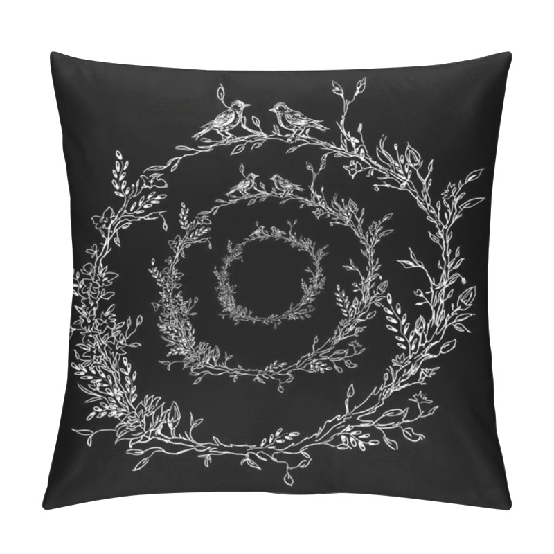 Personality  Elegant And Cute Illustration. Birds Sit On Each Branch. Printing For Textile And Industrial Purposes. And A Beautiful Romantic Frame Of Flowers And Twigs. Vector Illustration. Pillow Covers