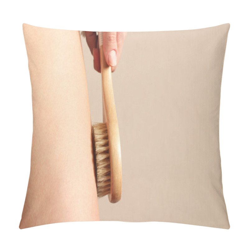 Personality  Girl Uses A Natural Bristle Massage Brush At Home. Cellulite Prevention, Skin Care Pillow Covers