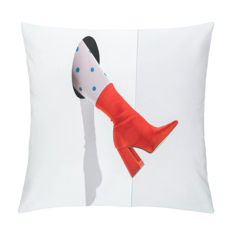 Personality  Cropped Image Of Woman Showing Leg In White Tights With Blue Dots And Red Shoe In Hole On White Pillow Covers