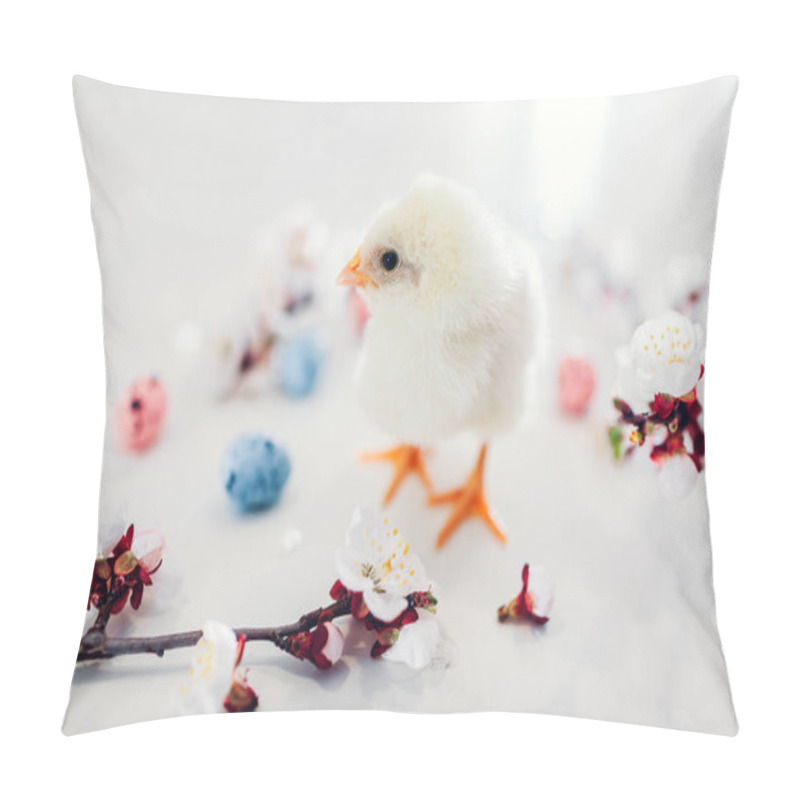 Personality  Easter Chicken. Little Yellow Chick Walking Among Apricot Blooming Flowers And Easter Eggs. Pillow Covers