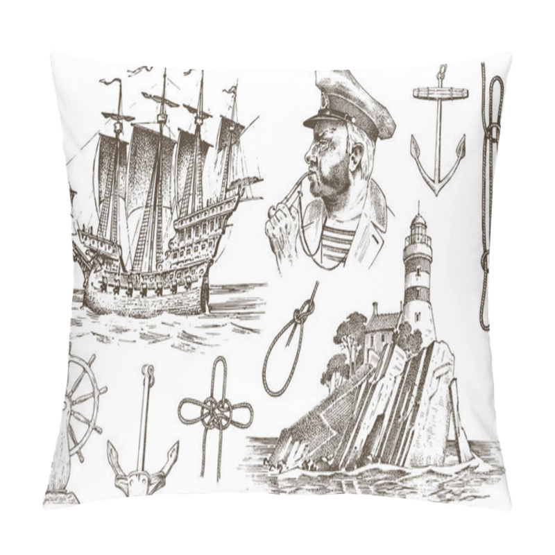 Personality  Skipper With Pipe. Lighthouse And Sea Captain, Marine Sailor, Nautical Travel By Ship. Engraved Hand Drawn Vintage Style. Summer Adventure. Seagoing Vessel And Rope Knots. Boat Wheel And Anchor. Pillow Covers