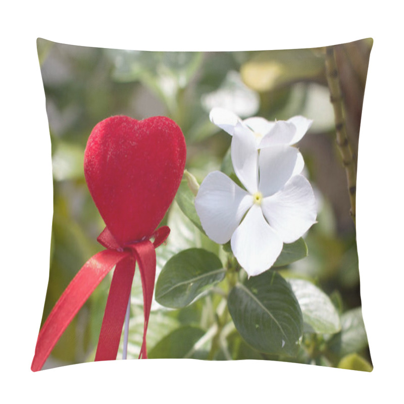 Personality  Red Velvet Heart With Ribbon And White Periwinkle Flower In Sunlight, Vibrant Love And Nature Concept, Perfect For Romantic, Valentines Day, Or Botanical Themes. Pillow Covers