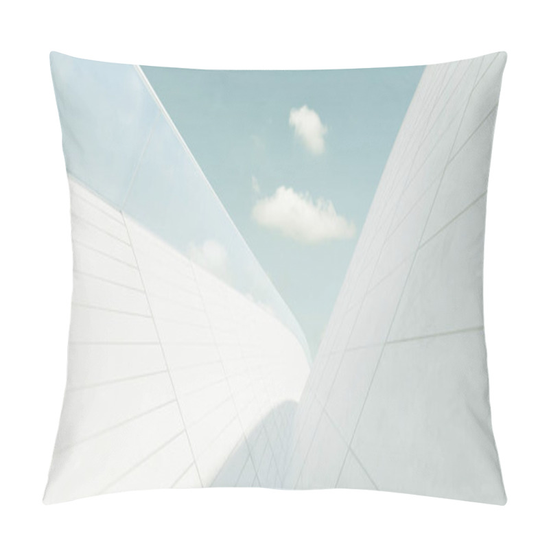 Personality  Abstract Architecture Exterior With Futuristic Streamlined Design. Daytime Scene. 3D Rendering Pillow Covers