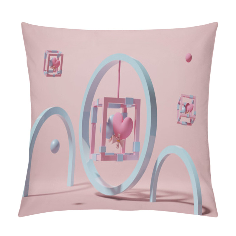 Personality  Two Heart Shaped Balloon In Box With With Geometric Shapes In Pink Pastel Composition Valentine's Day Concept ,abstract Background ,3d Illustration Or 3d Render Pillow Covers