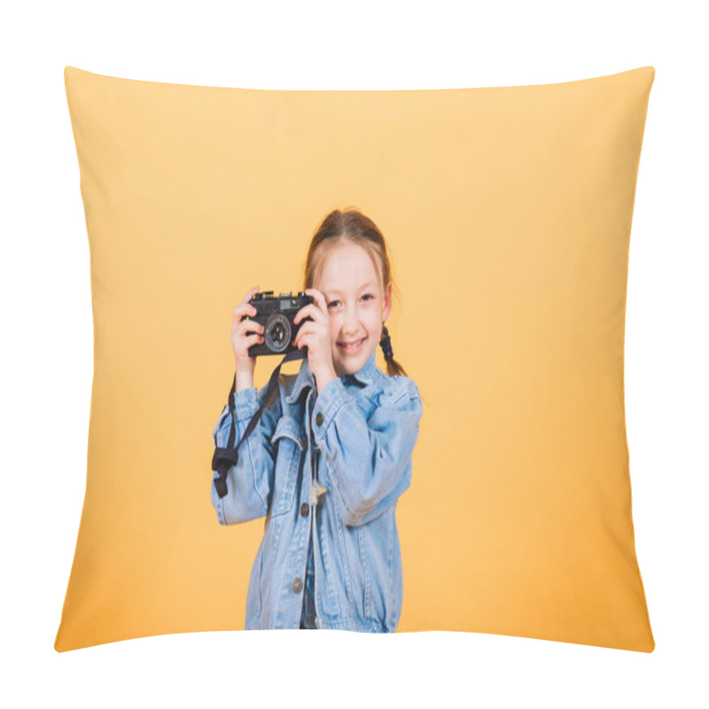 Personality  Child With Camera. Little Girl Photographing In Studio Pillow Covers