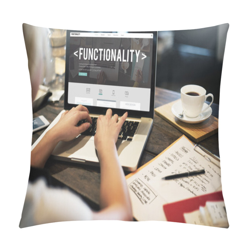 Personality  Woman Using Laptop At Her Work Place Pillow Covers