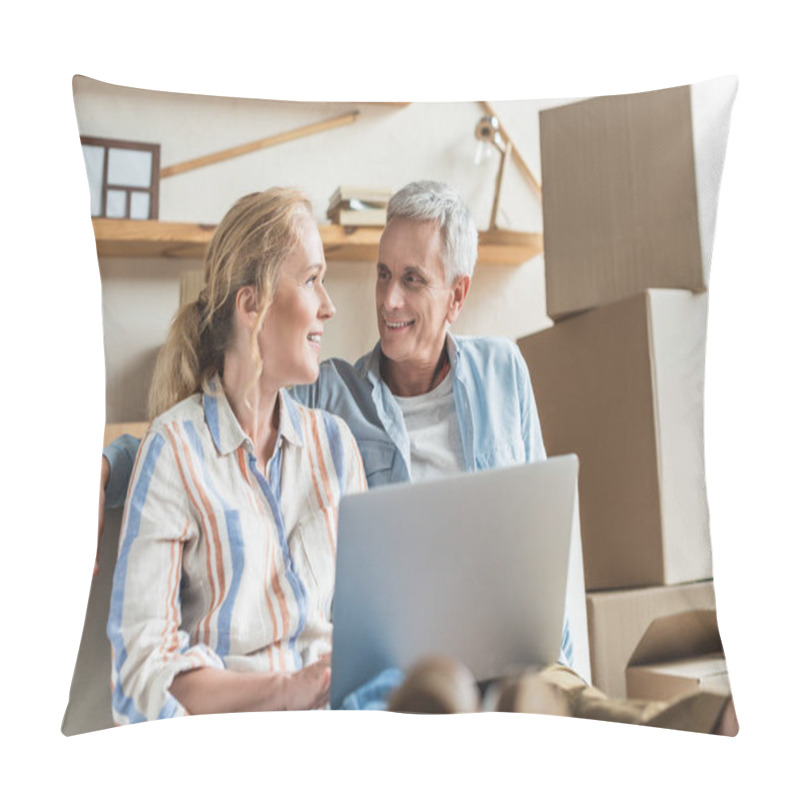 Personality  Happy Senior Couple Using Laptop And Smiling Each Other During Relocation Pillow Covers