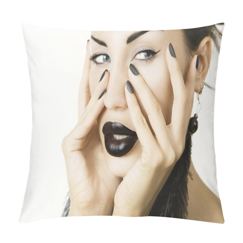 Personality  Beautiful Girl With Black Lipstick Matte Black Manicure And Acce Pillow Covers