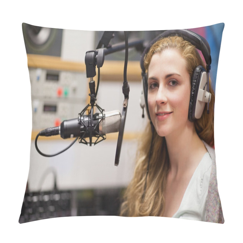 Personality  Young Woman Posing With A Microphone Pillow Covers