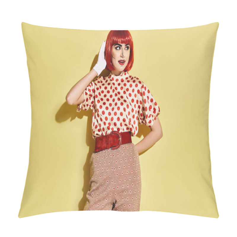 Personality  A Vibrant Redhead Woman In Polka Dot Outfit With Creative Makeup, Resembling A Character From Comics, On A Yellow Backdrop. Pillow Covers