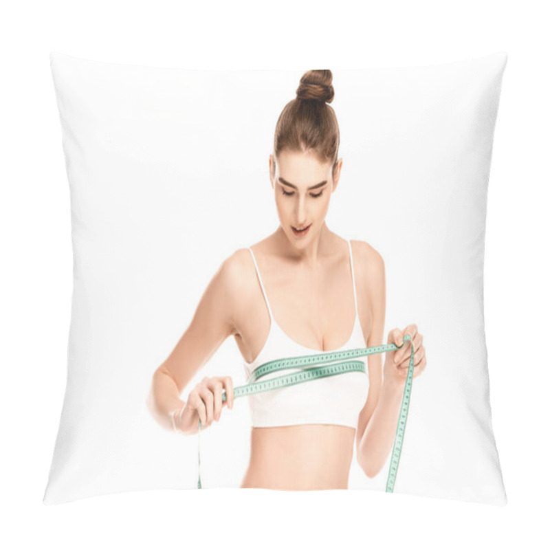 Personality  Model In Top Holding Measuring Tape While Measuring Bust Isolated On White  Pillow Covers