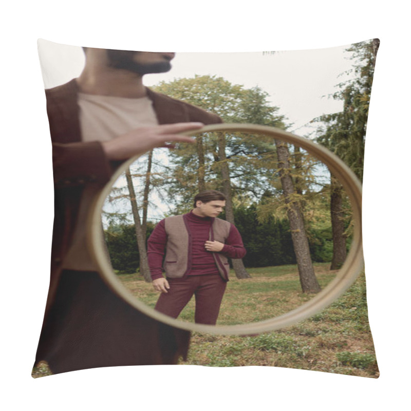 Personality  Two Dapper Men Showcase Autumn Fashion In A Picturesque Field, Embracing The Season Warm Hues And Natural Beauty. Pillow Covers