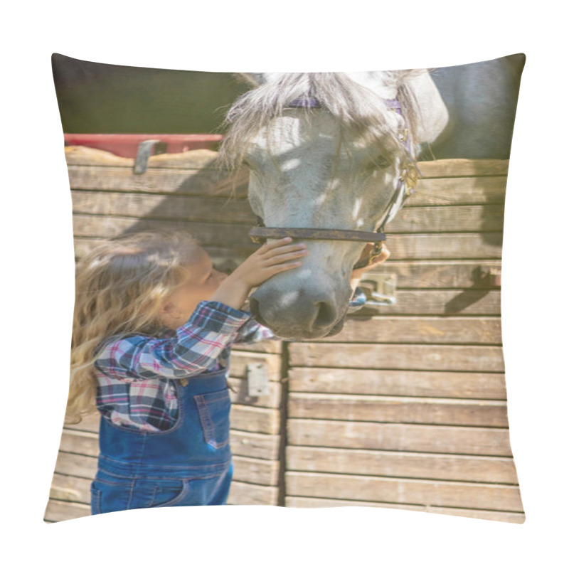 Personality  Preteen Kid Touching Horse At Farm Pillow Covers