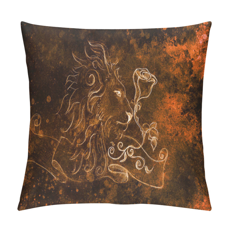 Personality  Lion With Rose And Ribbon With Ornament, Original Hand Drawing, Pencil Sketch On Paper. Color Effect. Pillow Covers