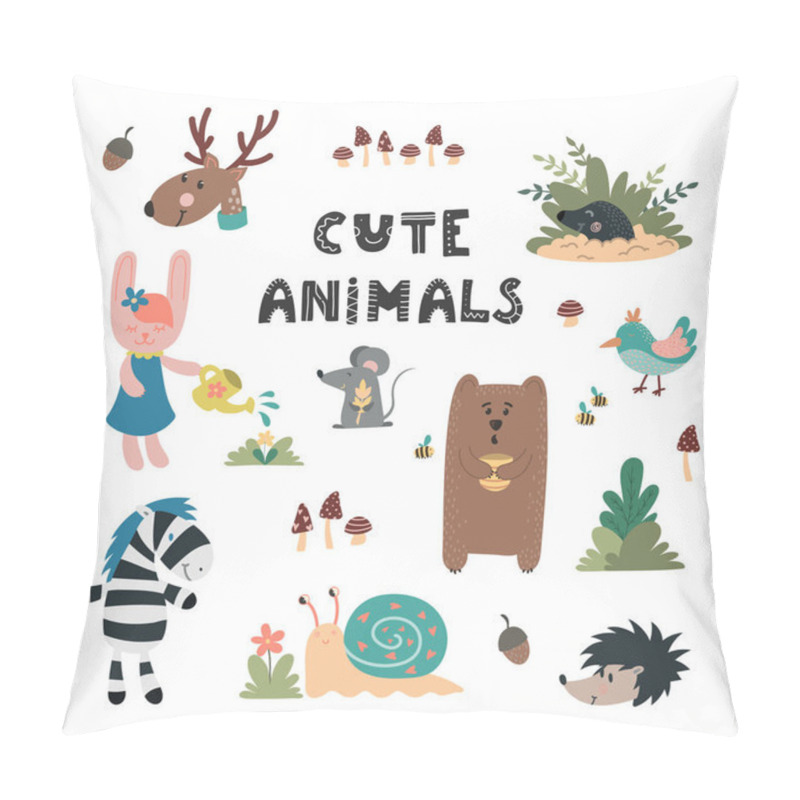 Personality  Cute Wild Animals Hand Drawn Set. Bear, Rabbit, Mole, Owl, Deer, Snail, Mouse. Design For Childrens Decoration, Nursery Room, Book, Greeting Card, Apparel. Pillow Covers