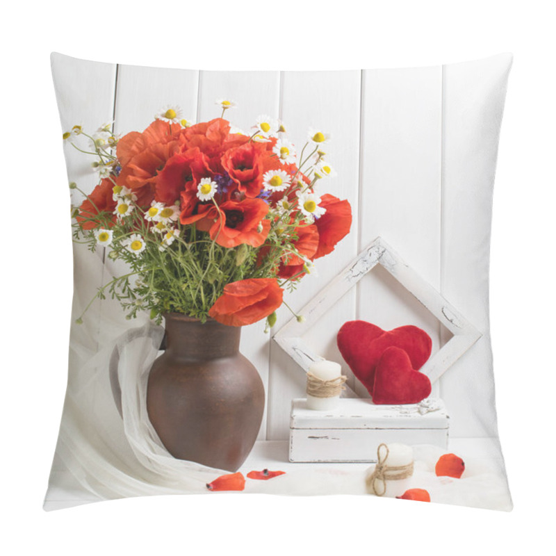 Personality  Red Poppies In Clay Jug And Hearts On Wooden Planks Background I Pillow Covers