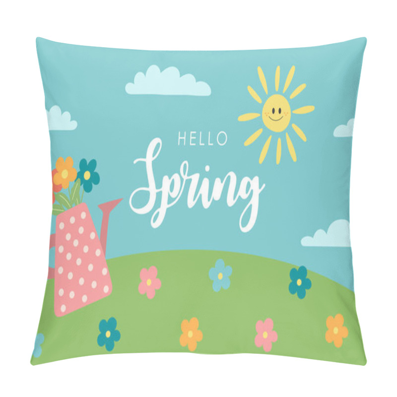 Personality  Hello Spring Card With Watering Can And Flowers - Nature Vector Illustration Pillow Covers