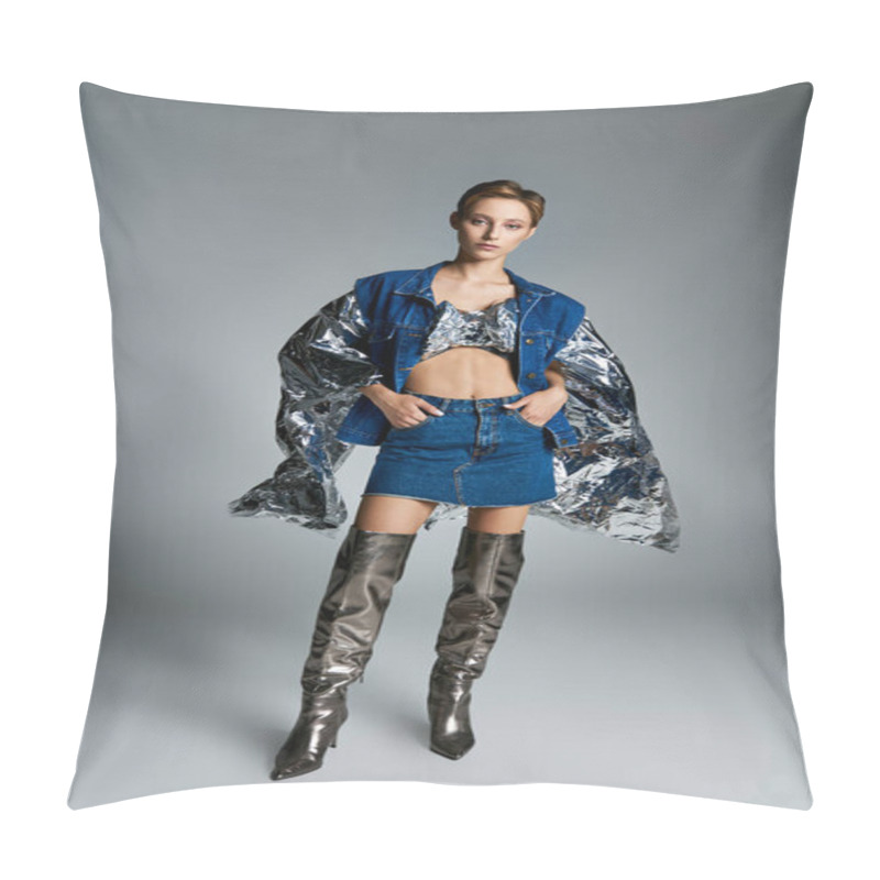 Personality  A Woman In A Denim Skirt And Jacket Poses Against A Grey Backdrop. Pillow Covers