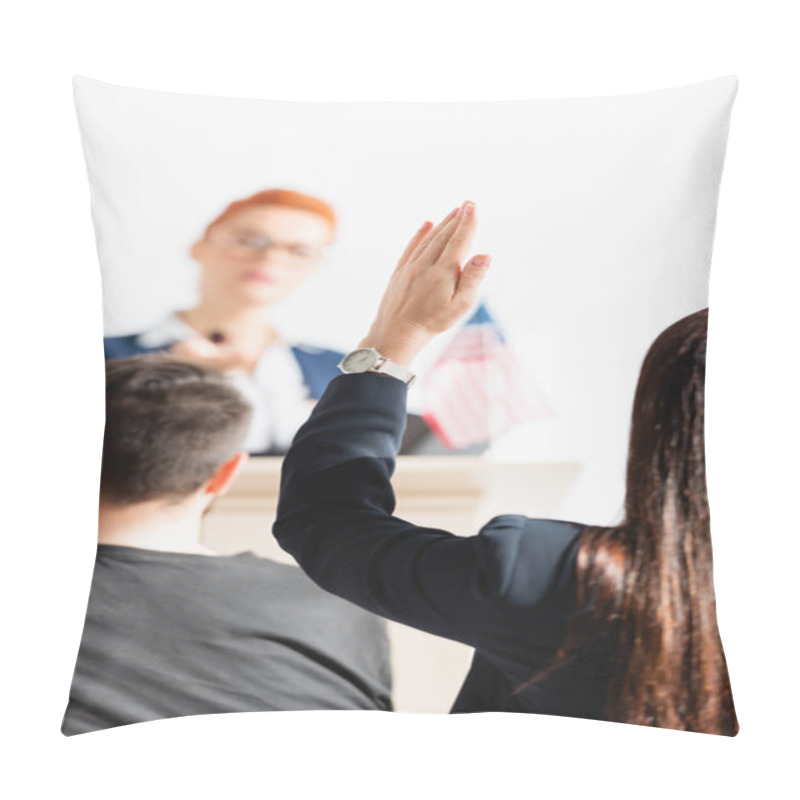 Personality  Candidate On Blurred Background Looking At Woman With Raised Hand In Conference Hall Pillow Covers