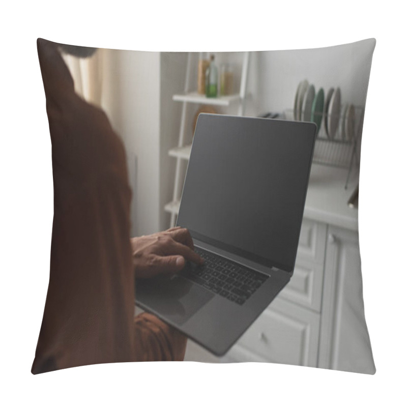 Personality  Partial View Of Blurred Man Holding Laptop With Blank Screen In Kitchen Pillow Covers