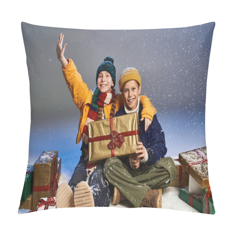 Personality  Two Happy Children Enjoy A Snowy Winter Wonderland While Surrounded By Colorful Presents. Pillow Covers