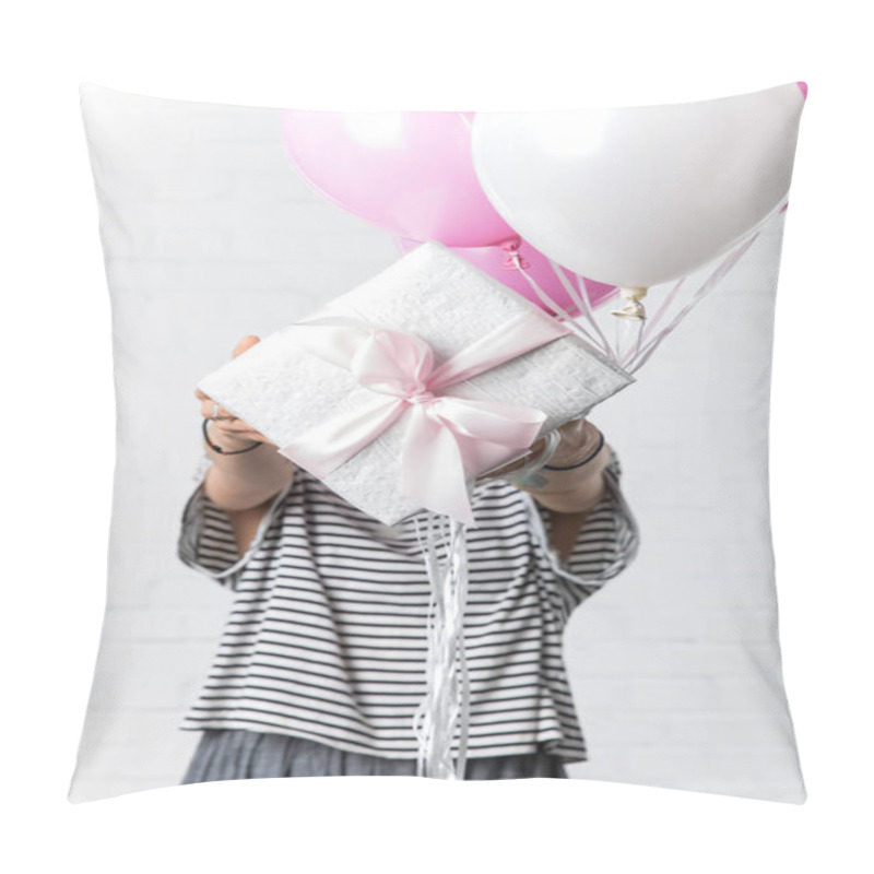 Personality  Woman Holding Gift Box And Balloons In Front Of Her Face On White Brick Wall Background Pillow Covers