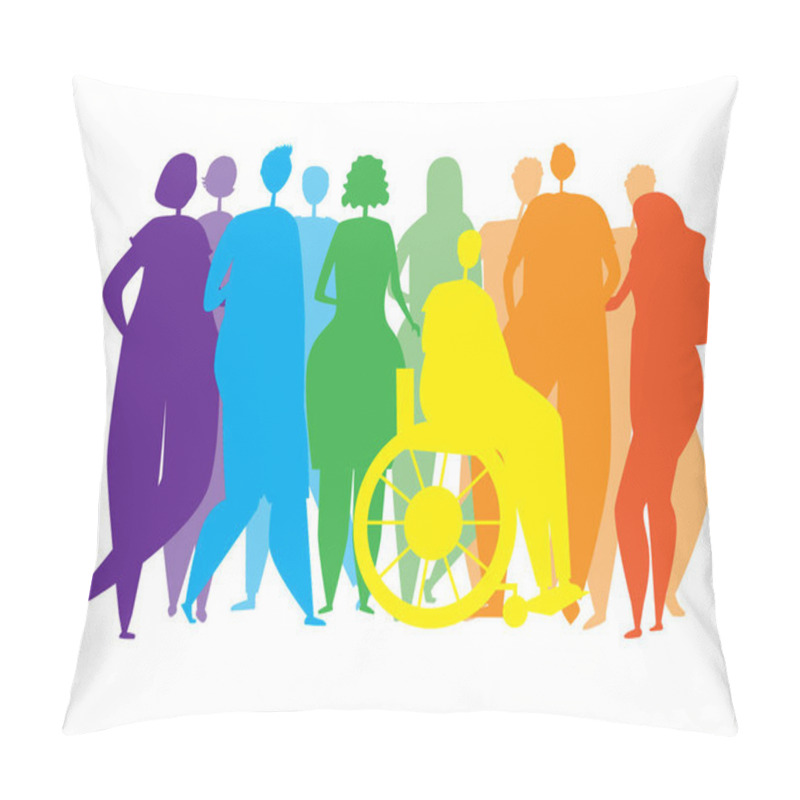 Personality  Silhouettes Of People, Men, Women, Disabled People In A Wheelchair As An End To The Inclusiveness Of The Lgbtq Community, Tolerance, Struggle For Equality, Pride, Rainbow Colors. Vector Stock Illustration With Homosexuals Isolated On A White Backgrou Pillow Covers