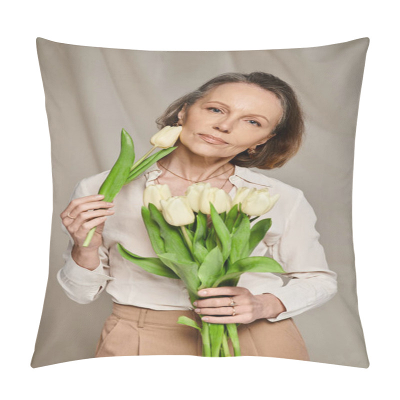 Personality  Mature Woman Joyfully Holding A Bouquet Of White Tulips. Pillow Covers