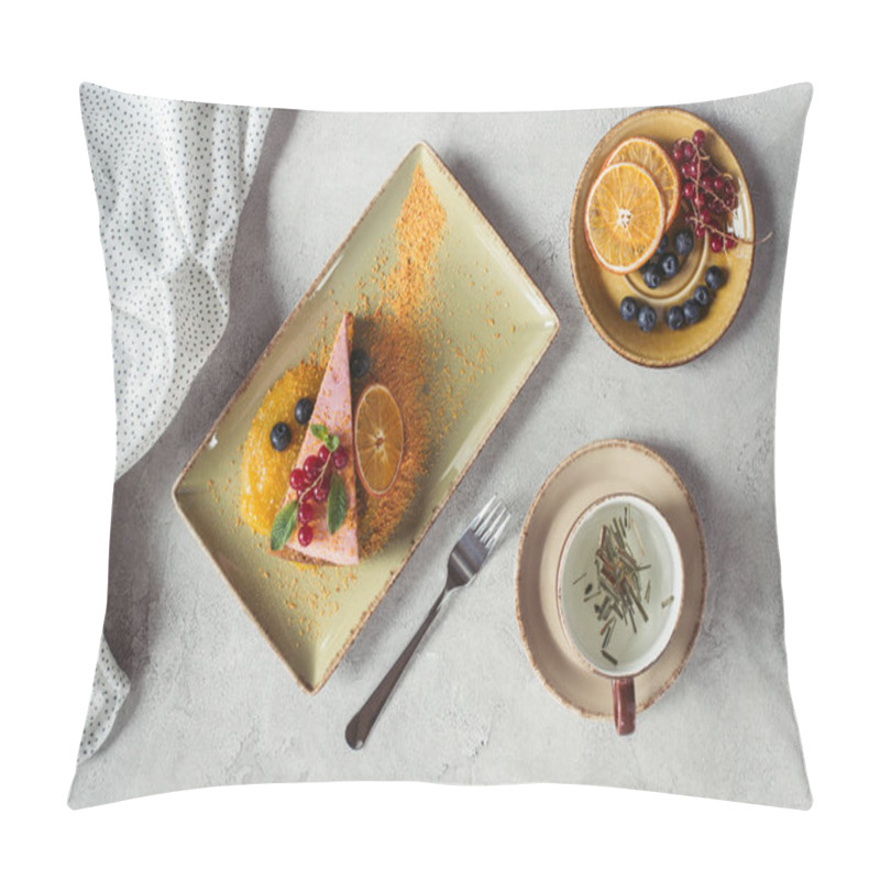 Personality  Flat Lay With Piece Of Sweet Carrot Cake With Berry Filling Served With Orange Slice, Cup Of Herbal Tea, And Fork On Grey Tabletop Pillow Covers