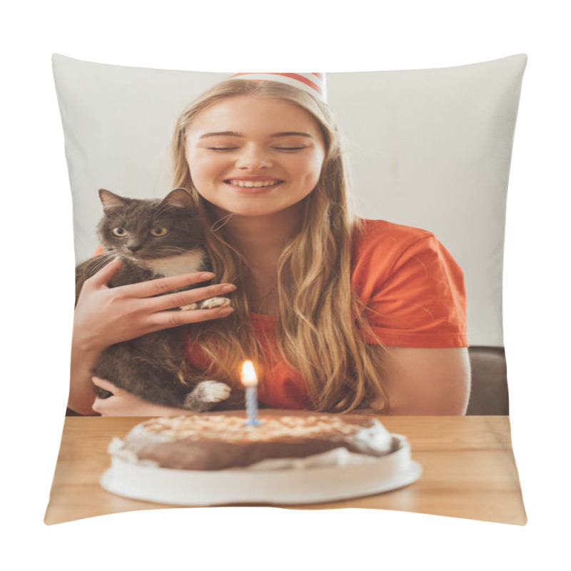 Personality  Selective Focus Of Happy Girl Looking At Burning Candle On Birthday Cake And Holding In Arms Cute Cat  Pillow Covers