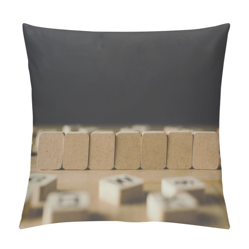 Personality  Selective Focus Of Seven Empty Cubes Surrounded By Blocks With Letters On Wooden Surface Isolated On Black Pillow Covers