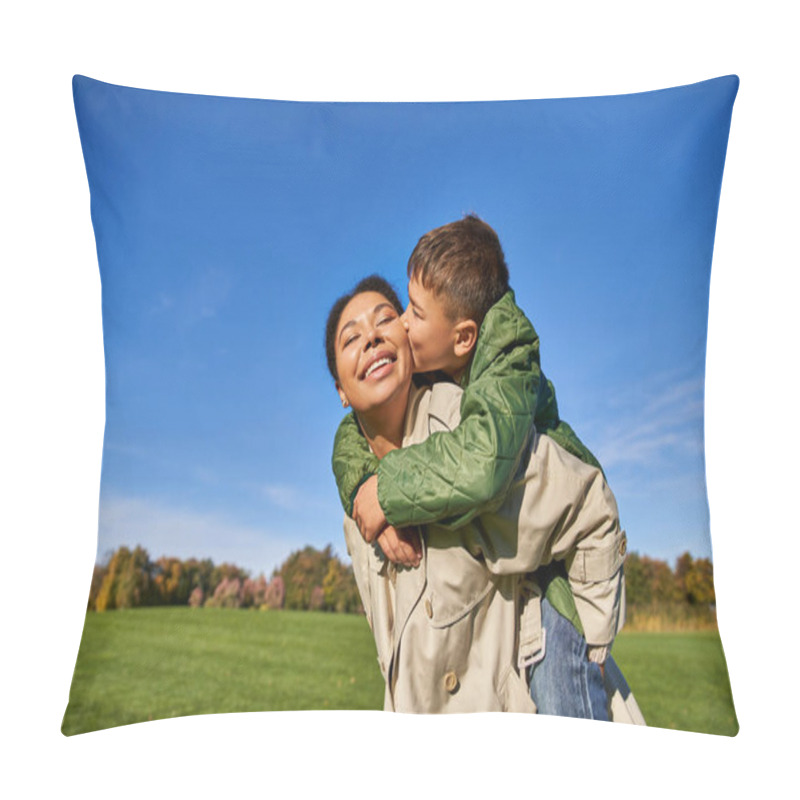 Personality  Cute Boy Kissing Cheek Of Mom, African American Family, Having Fun Together, Love, Bonding Concept Pillow Covers