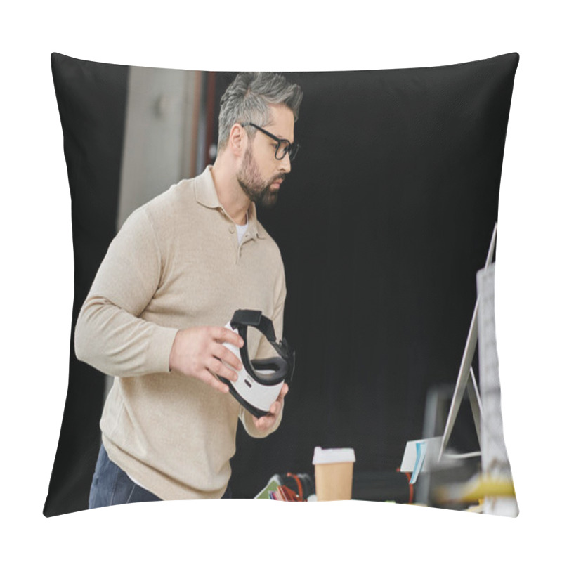 Personality  A Handsome Businessman With A Beard Holds A White Virtual Reality Headset In A Modern Office Setting. Pillow Covers