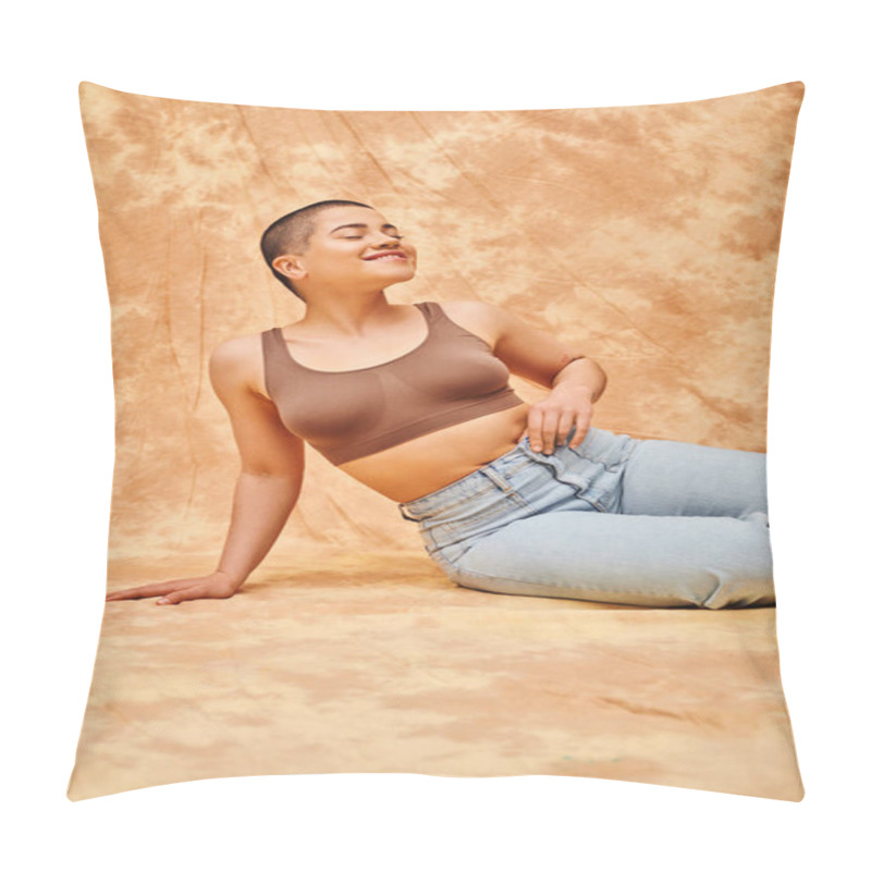 Personality  Body Positivity, Denim Fashion, Curvy And Pleased Woman In Jeans And Crop Top Sitting On Mottled Beige Background, Tattooed, Casual Attire, Self-acceptance, Generation Z, Body Diversity  Pillow Covers