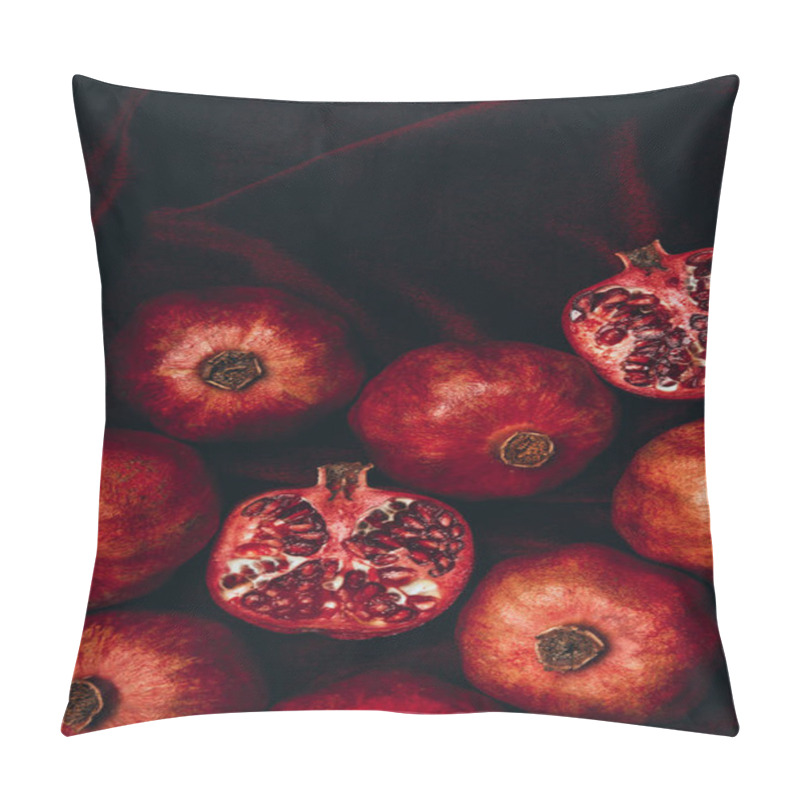 Personality  Top View Of Arranged Pomegranates On Red Velvet Fabric Background Pillow Covers