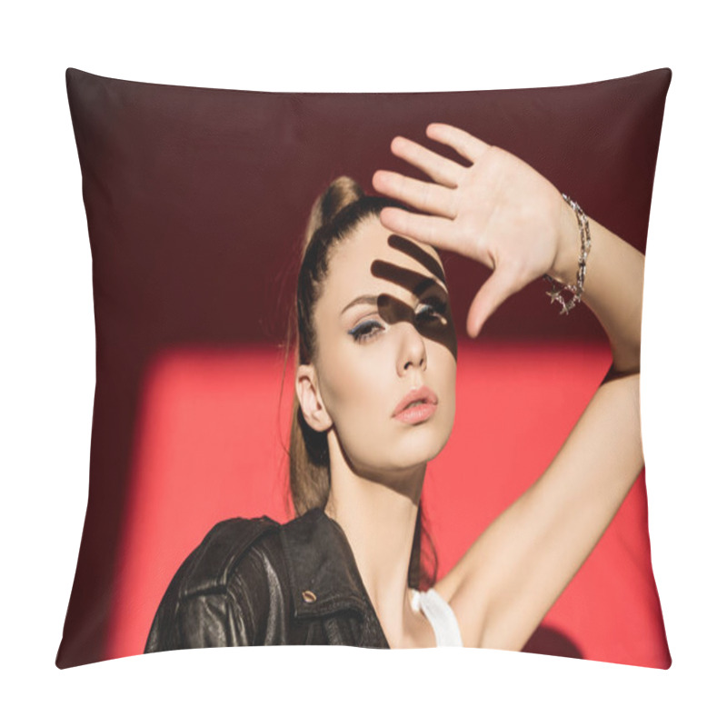 Personality  Attractive Fashionable Girl Gesturing And Posing For Fashion Shoot On Red Pillow Covers