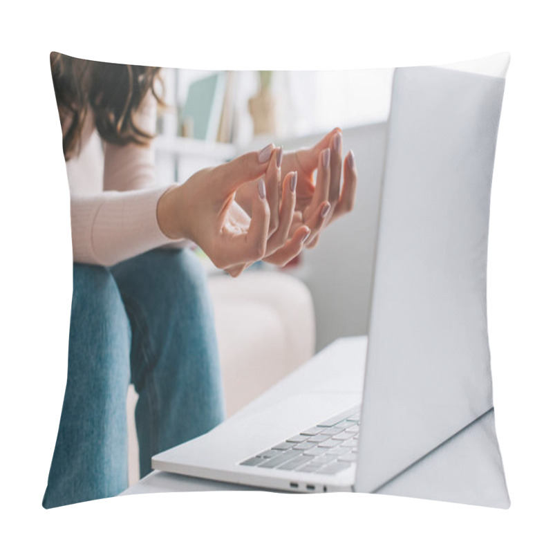 Personality  Cropped Shot Of Woman Showing Mudra Sign And Doing Exercise For Fingers While Using Laptop Pillow Covers